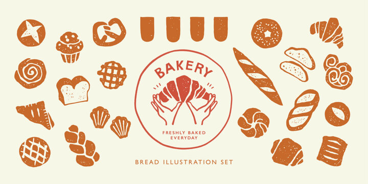 Inked Stamp Style Bakery Illustration Set with Assorted Hand Drawn Bread Silhouettes for Wrappers and Menu Design