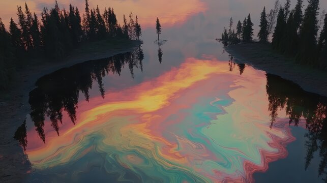 Shimmering oil slick on stagnant water reflecting sunset sky and trees with vibrant colors