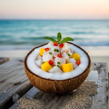 Ceviche de Coco Recipe: Caribbean Coconut Fusion with White Fish, Mango, and Bell Pepper in a Halved Coconut