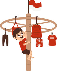 karakter anak-anak ikut perlombaan panjat pinang di perayaan kemerdekaan indonesia