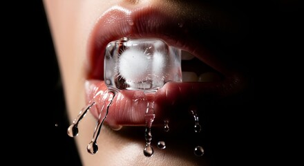 Close-up of glossy lips holding a melting ice cube, with water droplets cascading down, creating a