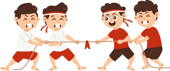 karakter anak-anak antusias ikut perlombaan tarik tali tambang 17 agustusan