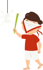 karakter bocah dengan penutup mata lomba pukul balon air saat 17 agustus