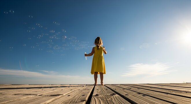 A young child in a bright yellow dress stands on a weathered wooden pier, blowing iridescent