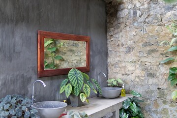 luxury outdoor sink area with natural stone wall and green plants in a hotel
