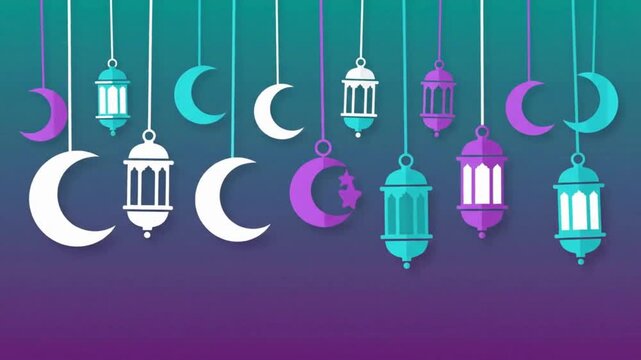 Animated ramadan background with swinging paper lanterns and crescent moons hanging on strings over purple and turquoise gradient backdrop