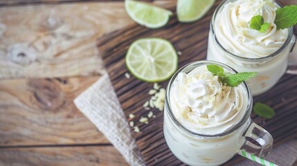 Elegant Drink with Cream and Lime Mint Decorations on Dark Board
