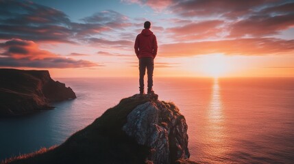 Fototapeta premium A man stands on a clifftop overlooking a vast ocean at sunset, with a fiery sky and calm water.