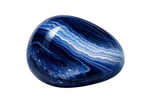 Polished blue banded chalcedony agate gemstone showing abstract wavy patterns, isolated on transparent background