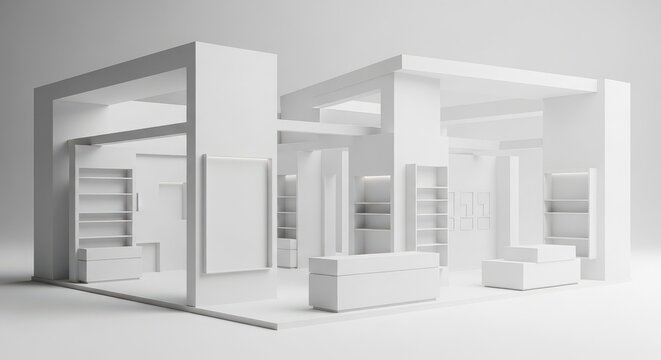 Minimalist white architectural model of a modern retail store interior design concept.