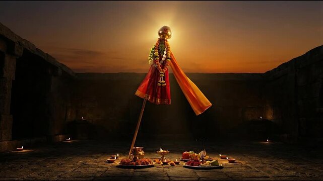 A dramatically backlit gudi padwa flag, celebrating ugadi, shines golden during traditional rituals at dusk.