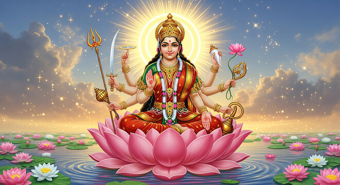 Divine goddess durga, multi-armed and radiating golden light, seated on a lotus for chaitra navratri celebration.