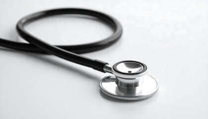 Close-up of a common medical instrument lying on a clean, white surface. The coiled tube and listening device are in focus