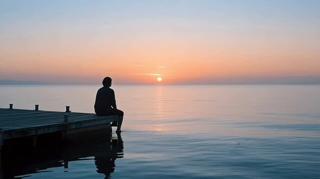 Person sitting on dock at sunset