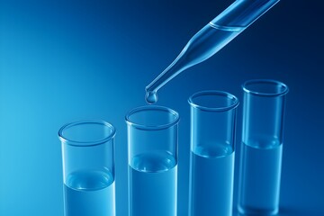 Testing Liquid from Glass Pipette to Test Tubes on Blue Reflective Background