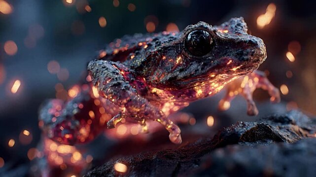 Close-up of a wet, attentive frog on a lily pad in a shallow aquatic environment Earthy tones and soft shadows suggest natural settings with hints of foliage or debris Realistic style - AI-Generated