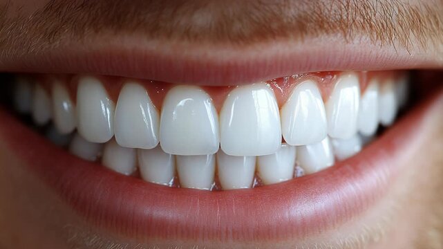 A detailed close-up of a human mouth with bright, healthy, and perfectly aligned teeth