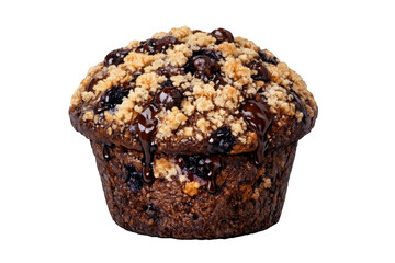 Delicious chocolate muffin with blueberries and streusel topping, dripping fudge sauce on transparent background