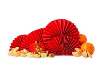 Obraz premium Red fans and gold coins artfully arranged, isolated, PNG