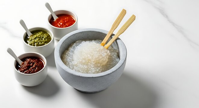 Brunei Ambuyat, translucent sticky sago starch served in minimalist white ceramic bow