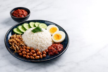 Nasi Lemak, coconut milk rice in dark blue handmade ceramic plate