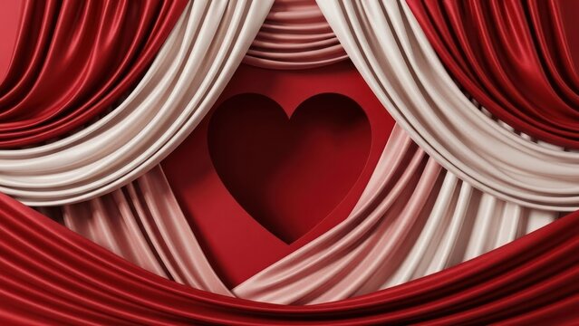 Red and white curtains with a heart shape in the center. The curtains are draped over a red background.