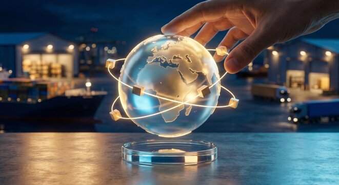 Hand touching glowing crystal globe with orbital data connection lines on cargo port background, representing global logistics supply chain management, blockchain technology, international trade trans