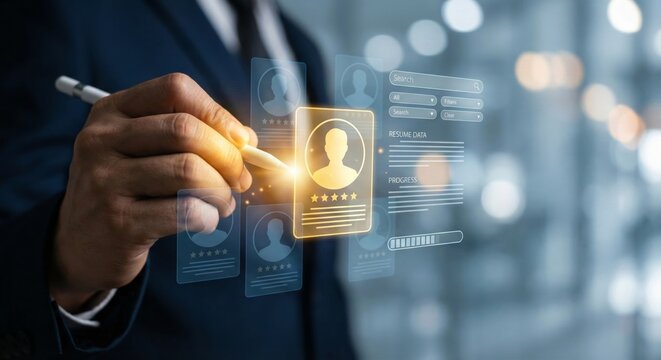 Businessman using stylus on virtual digital interface for HR recruitment and talent selection, artificial intelligence human resources management system, career evaluation and job candidate screening 