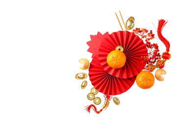 Bright red fan decorations with oranges and gold coins, isolated, PNG