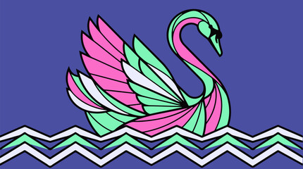 Obraz premium Elegant Art Deco Swan Vector Illustration on Geometric Water Waves