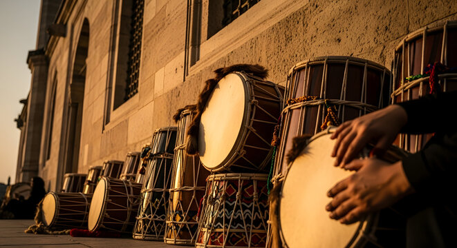 Traditional Davul Drums Lined Up Outdoors Warm Golden Light Hands Playing