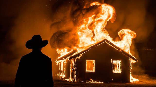 Silhouette of man watching a house burning at night
