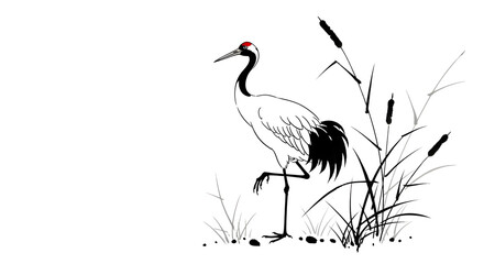 Fototapeta premium Elegant Red-Crowned Crane Illustration in Traditional Asian Ink Style.