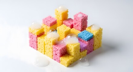Isometric 3D Render of Miniature City Crafted from Cleaning Sponges, Yellow and Pink Cellulose Urban Model Concept