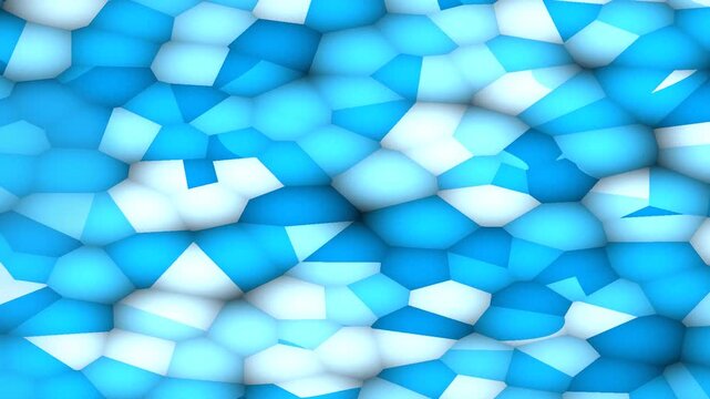 Abstract blue mosaic of interlocking polygon shapes forming a cool, shimmering tessellation. glossy