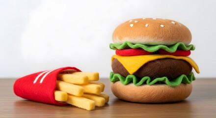 Handmade Needle Felted Wool Burger and Fries Sculpture, Soft Fiber Art Fast Food Miniature on Neutral Background