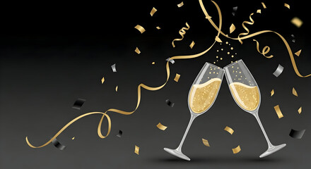 Celebratory Toast with Champagne Glasses and Confetti on Black Background.