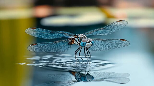 A dragonfly with intricate wing patterns, reflected in water, showcasing vibrant colors