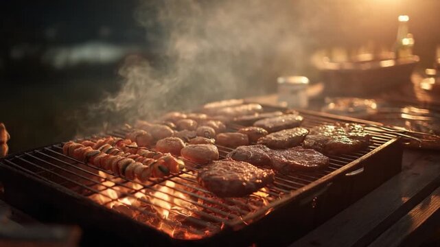 Summer barbecue party: sizzling food items on the grill, a captivating scene with mouthwatering textures and an enticing aroma fills the air. It's a culinary journey in the heart of summer.