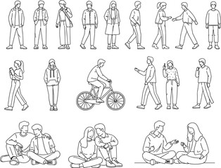 Fototapeta premium Casual people walking talking cycling and sitting in various everyday poses line art illustration set showing modern lifestyle communication and interaction scenes
