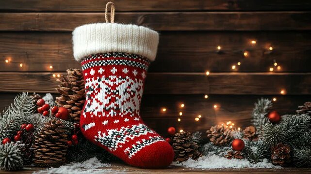 A festive Christmas stocking with ornaments on a wooden surface, adorned with lights