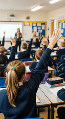 Fototapeta premium Student in Classroom Raising Hand