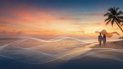 Obraz premium Romantic Couple Walking on Beach at Sunset with Soft Waves and Palm Trees