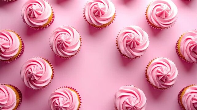 Overhead shot of numerous cupcakes with pink frosting on a pink background