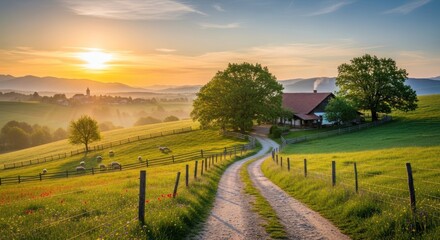 Obraz premium A dirt road winds through a lush green meadow with a barn and trees in the background, under a golden sunset sky.