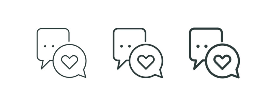 Social support and emotional communication concept thin outline icon. Minimalist line symbol chat bubbles and heart shape. Vector isolated pictogram for web and app.