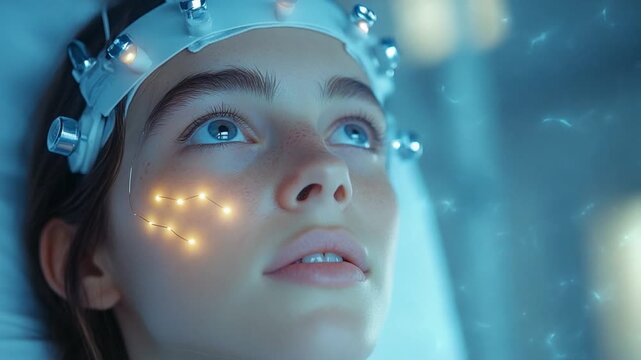 Mind Exploration: A person with electrodes on head undergoing a brain activity measurement, embodying the intersection of scientific curiosity and human introspection.