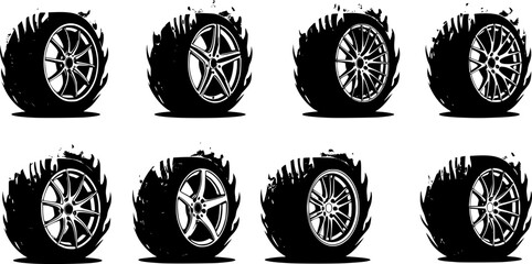 set of A vector silhouette sports Rims with tires with fire white background