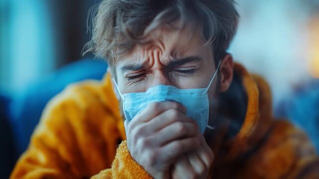 Coughing Patient in a Mask: A person, afflicted by illness, shields their mouth with a protective mask as they cough, their face etched with discomfort, embodying the struggle against disease.
