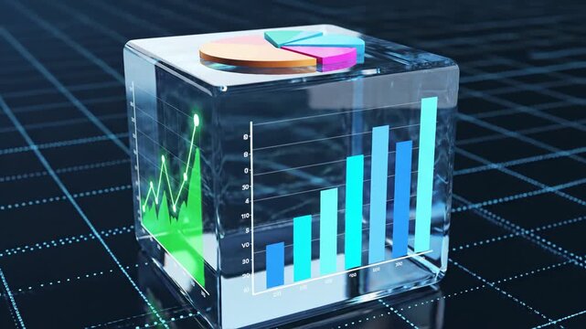 Data analysis concept 3 d cube with bar graph and pie chart rendering
